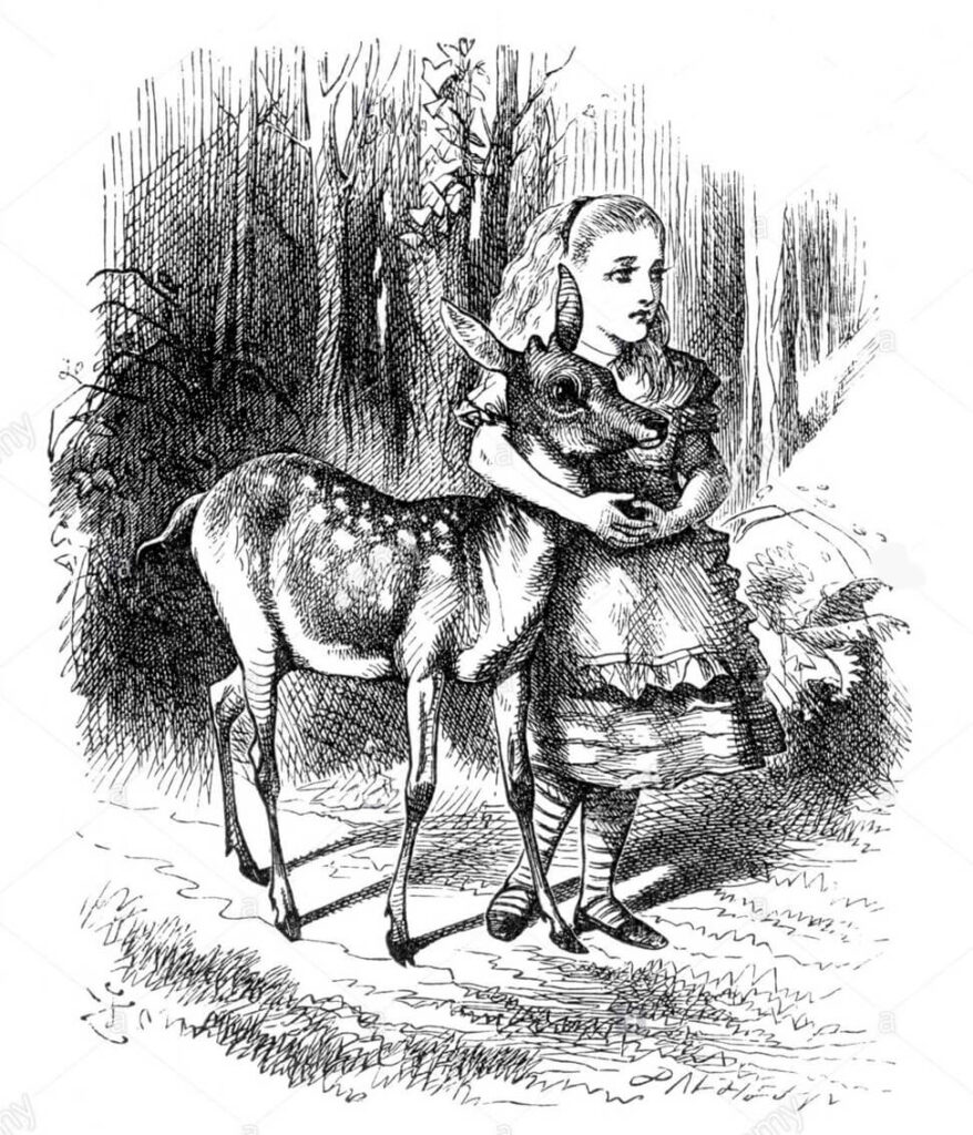 Εικονογράφηση του Τζον Τένιελ για την Αλίκη Μέσα Από Τον Καθρέπτη / Alice Through The Looking Glass, illustrated by John Tenniel. Alice and the fawn
