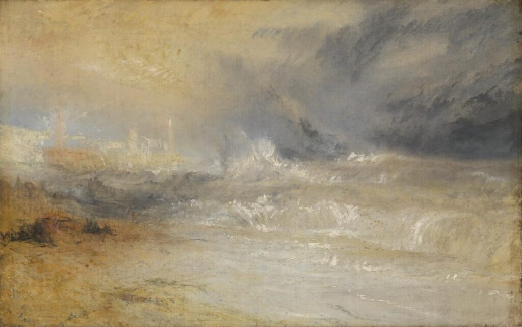 Πίνακας ζωγραφικής του Ουίλιαμ Τέρνερ / Joseph William Turner painting: Waves Breaking on a Lee Shore at Margate (Study for ‘Rockets and Blue Lights’)