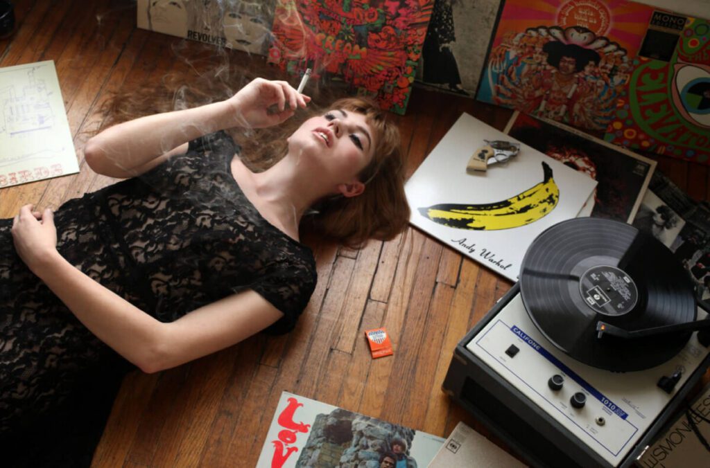 60s style model and music records. Photo by Kelly Segre
